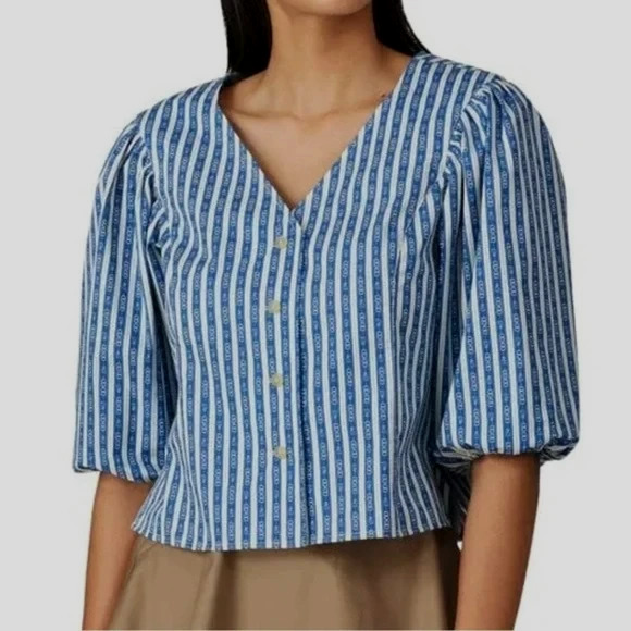 Tory Burch Gemini Link Button Front Top Size 12 Blue Stripes Cotton Puff Sleeves - Picture 1 of 14